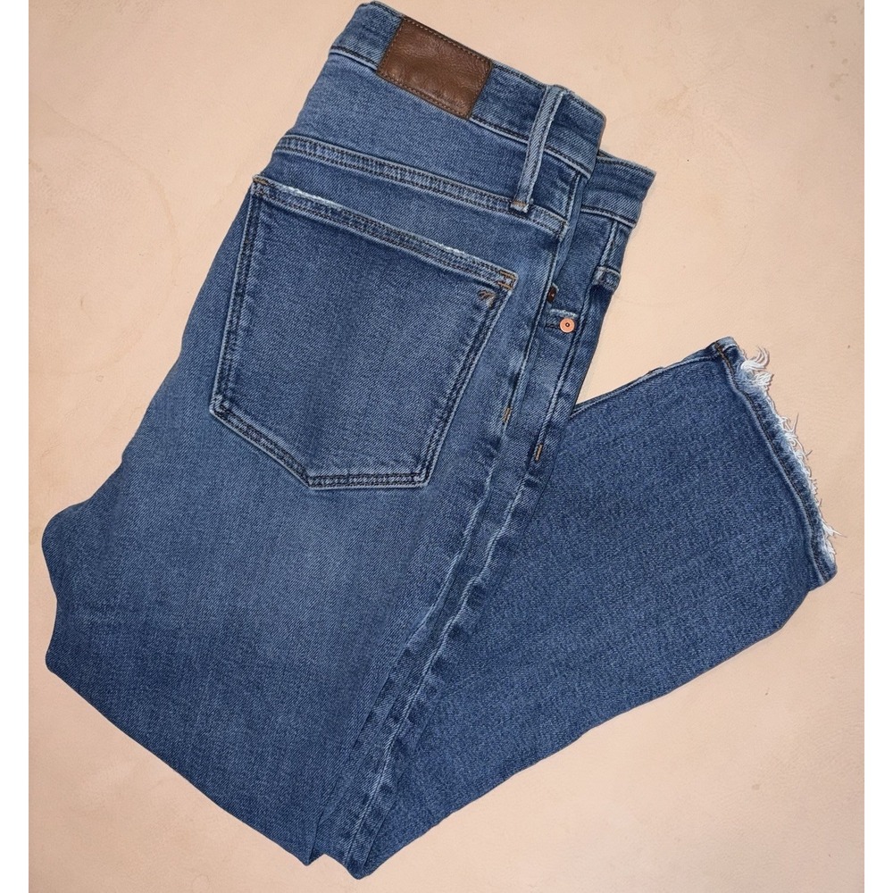 Madewell Slim Demi Boot Jeans Medium Wash Raw Hem 30P Petite High Rise Stretch